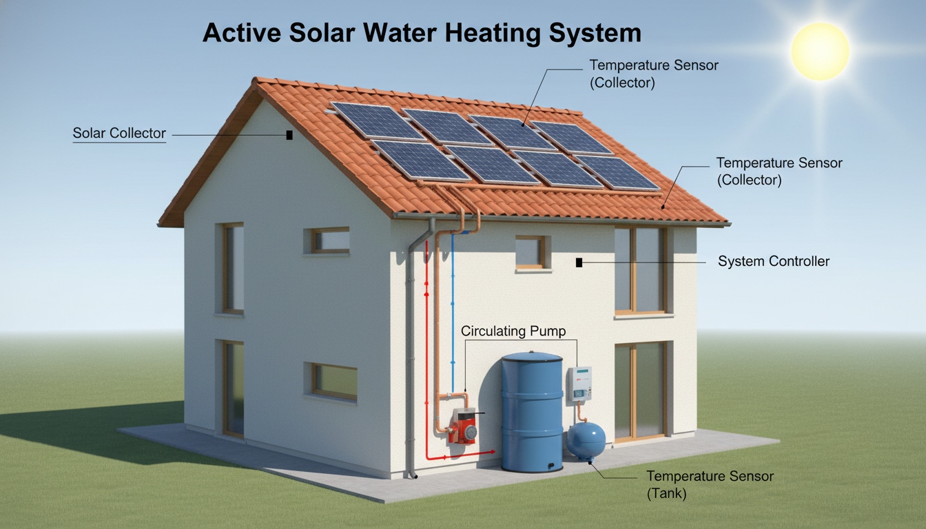 Active solar water heating system with collector sensors, tank sensor, circulating pump, controller and roof-mounted solar collectors